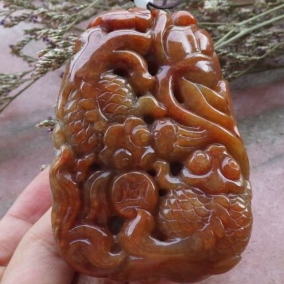 Certified Natural Myanmar Burma A Jade jadeite Gold Fish Lotus Pendant Necklace - Picture 2 of 6